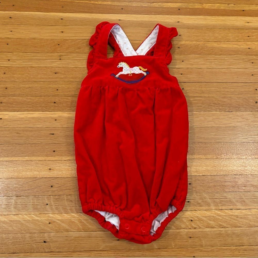 Baby Boden red velour rocking horse romper/onesie